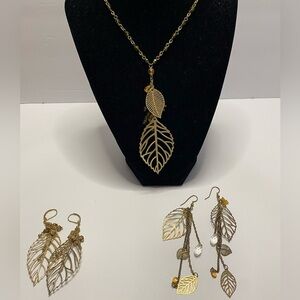 Leaf Necklace, Set of 2 Gold Leaf Earring Sets | Nature-Inspired Jewelry Bundle